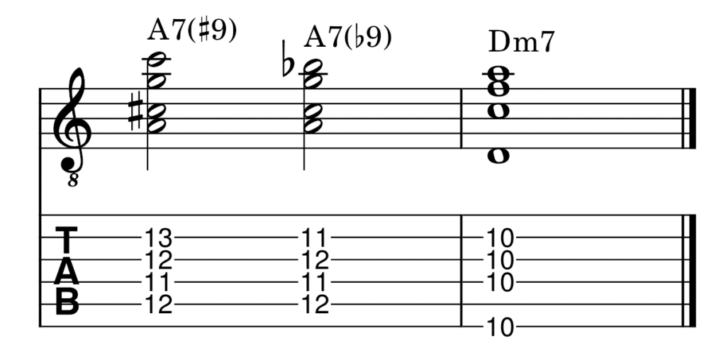 acorde dominante de novena aumentada pasando a un dominante bemol 9, en drop 2, resolviendo a un Re menor en Drop 3. Comienza en el espacio 12 de la quinta cuerda.